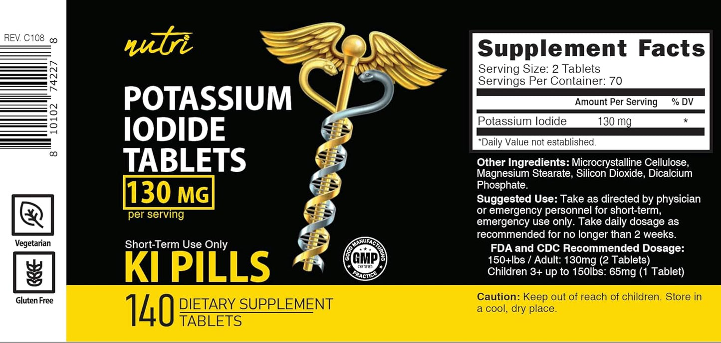 Potassium Iodide Tablets 130 mg - (60 Tablets) 10 Year Shelf-Life EXP 2034 to 2035 - Ki Pills - Yoduro de potasio - Nutri Supplements - 3rd Party Tested - NSF cGMP Certified Facility - Shelf Stable