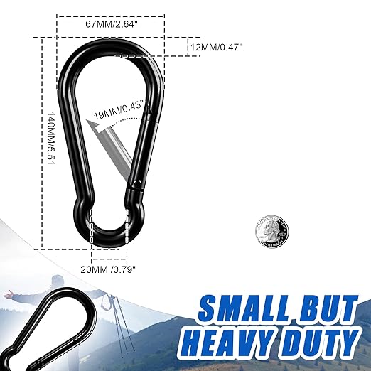 KINLINK 4 Pack Black Carabiner Clip, 5.5 inch Heavy Duty Spring Snap Hook, Large Caribeener Clips for Camping, Swing Set, Hammock, Hiking, Travel, Weight Lifting Machine, Home Gym Equipment