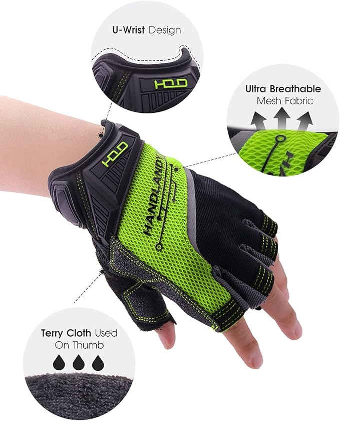 HANDLANDY Fingerless Work Gloves for Men and Women Utility Padded Half Finger Driving Working Gloves (XL, Green)