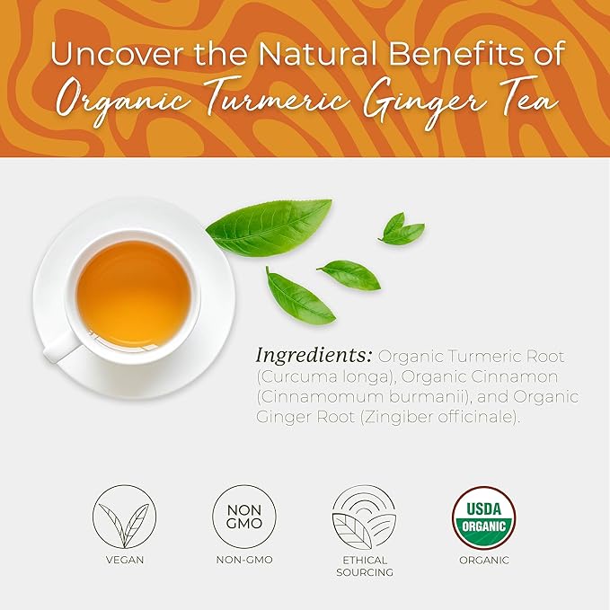 Starwest Botanicals Organic Turmeric Ginger Tea - Caffeine Free Herbal Tea with Turmeric, Cinnamon, & Ginger, Tea with Antioxidant Properties, String Free Sachets, Non GMO - 20 Tea Bags