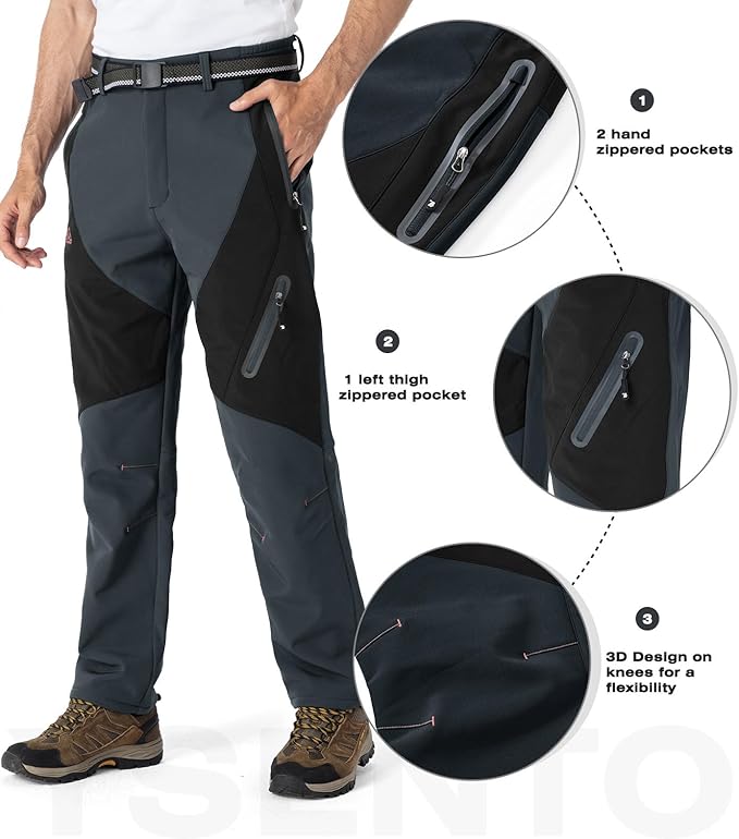 YSENTO Men's Fleece Lined Ski Snow Pants Winter Waterproof Softshell Insulated Hiking Cargo Pants