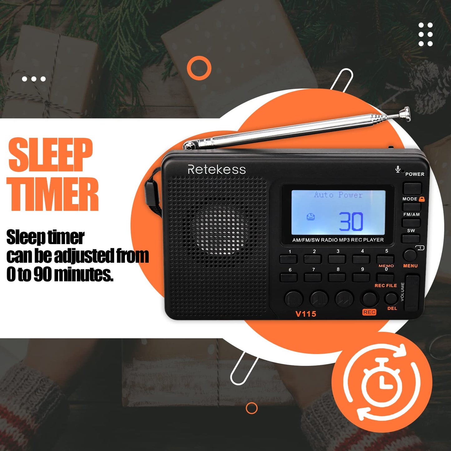 Retekess V115 Shortwave Radio, Digital Radio AM FM, Shortwave Receiver with 1000mAh Rechargeable Battery, Presets, TF/AUX Playback and Recording, Bass Speaker, for Camping