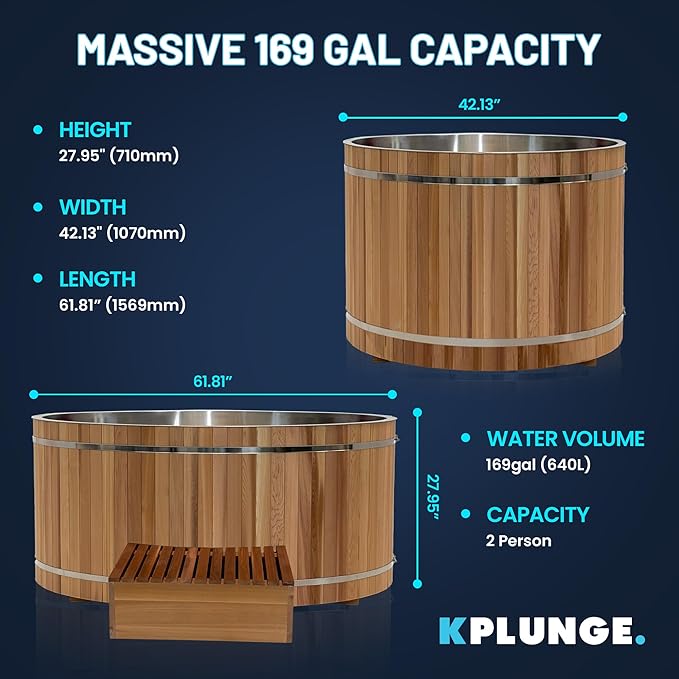 Premium 62-in. Cedar Wood Cold Plunge and Hot Tub with 1HP Chiller and Heater | Stainless Steel Tub with Wooden Step, Foldable Cover, Headrest, and WiFi App Control Chiller for Indoor/Outdoor Use