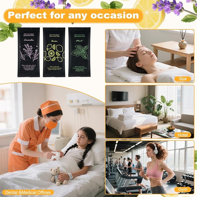 Moist Cotton Towel Bulk Moist Towelettes Individually Wrapped 8.7" x 8.7",White Towel Services,Refreshment Pre Moistened Towels Lavender, Lemon and Mint for Sport Party Spa （pack of 150)