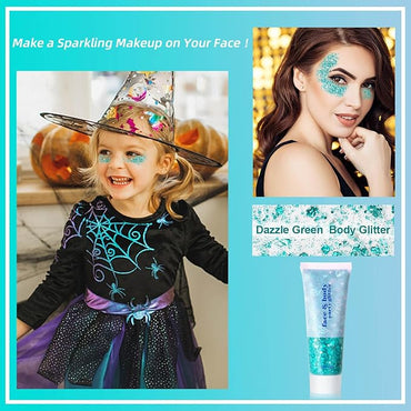 MEICOLY Teal Body Glitter,Mermaid Face Glitter Gel for Halloween Face Paint,Dazzle Green Chunky Glitter for Face Body Eye Lip Hair,Sparkling Holographic Gel Glitter Makeup for Women and Kids