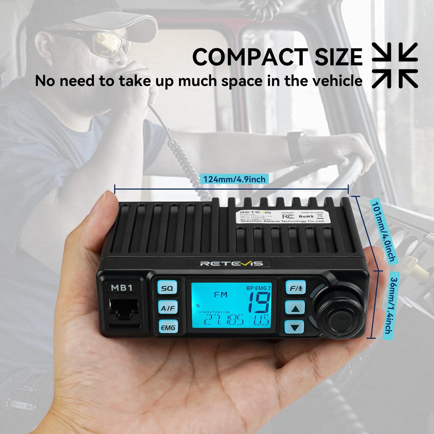 Retevis MB1 40 Channel CB Radio, Noise Cancellation Long Range Mobile Radio, with CB Antenna and Cigarette Lighter, Emergency Channel 9/19, 7-Color Screen, Auto-Scan, External Speaker Jack for Trucker
