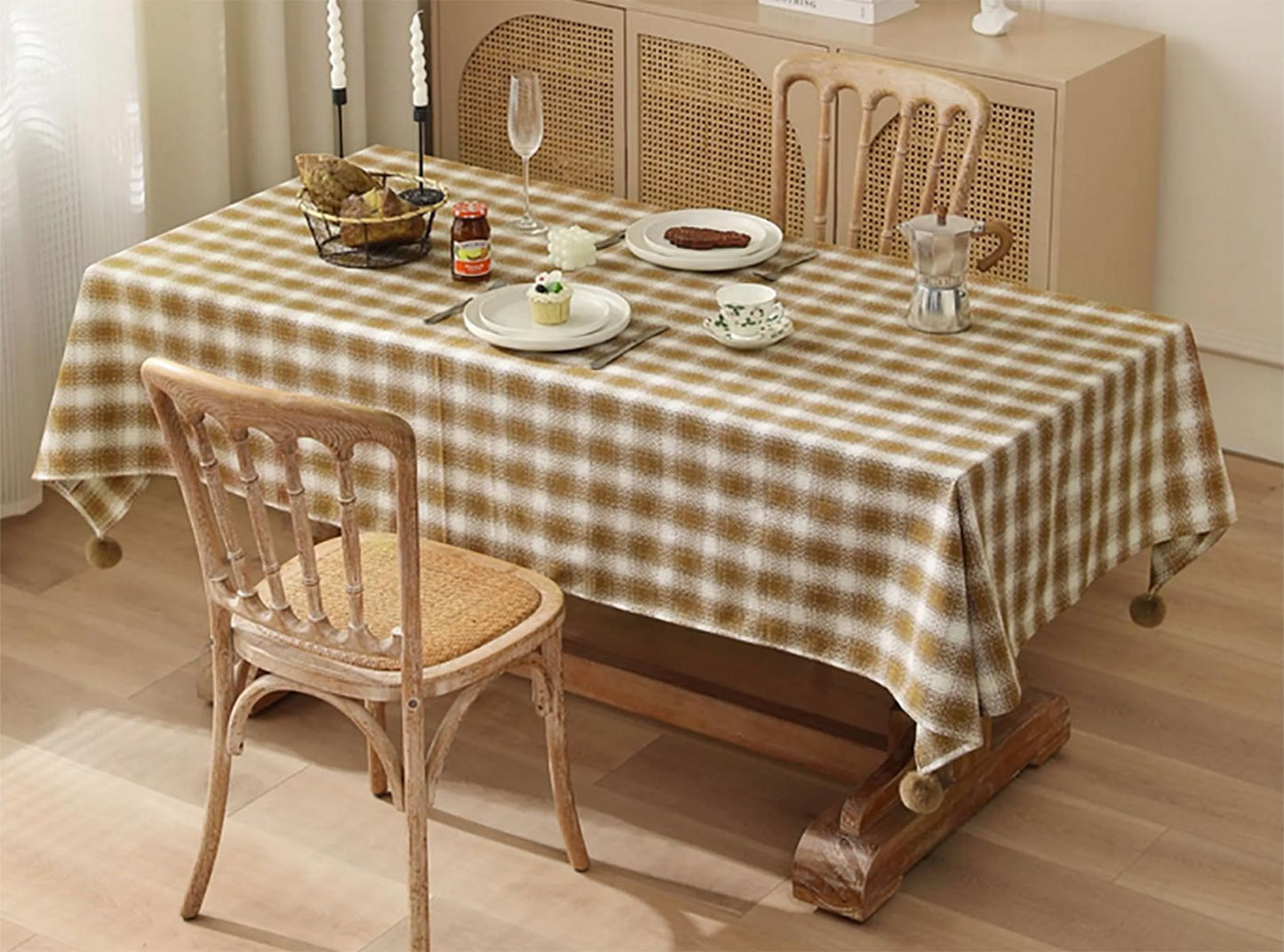 Fennco Styles Plaid Woven 100% Cotton Tablecloth with Pom Pom - Green Table Cover for Winter Holiday Décor, Banquet, Family Gathering and Special Occasion