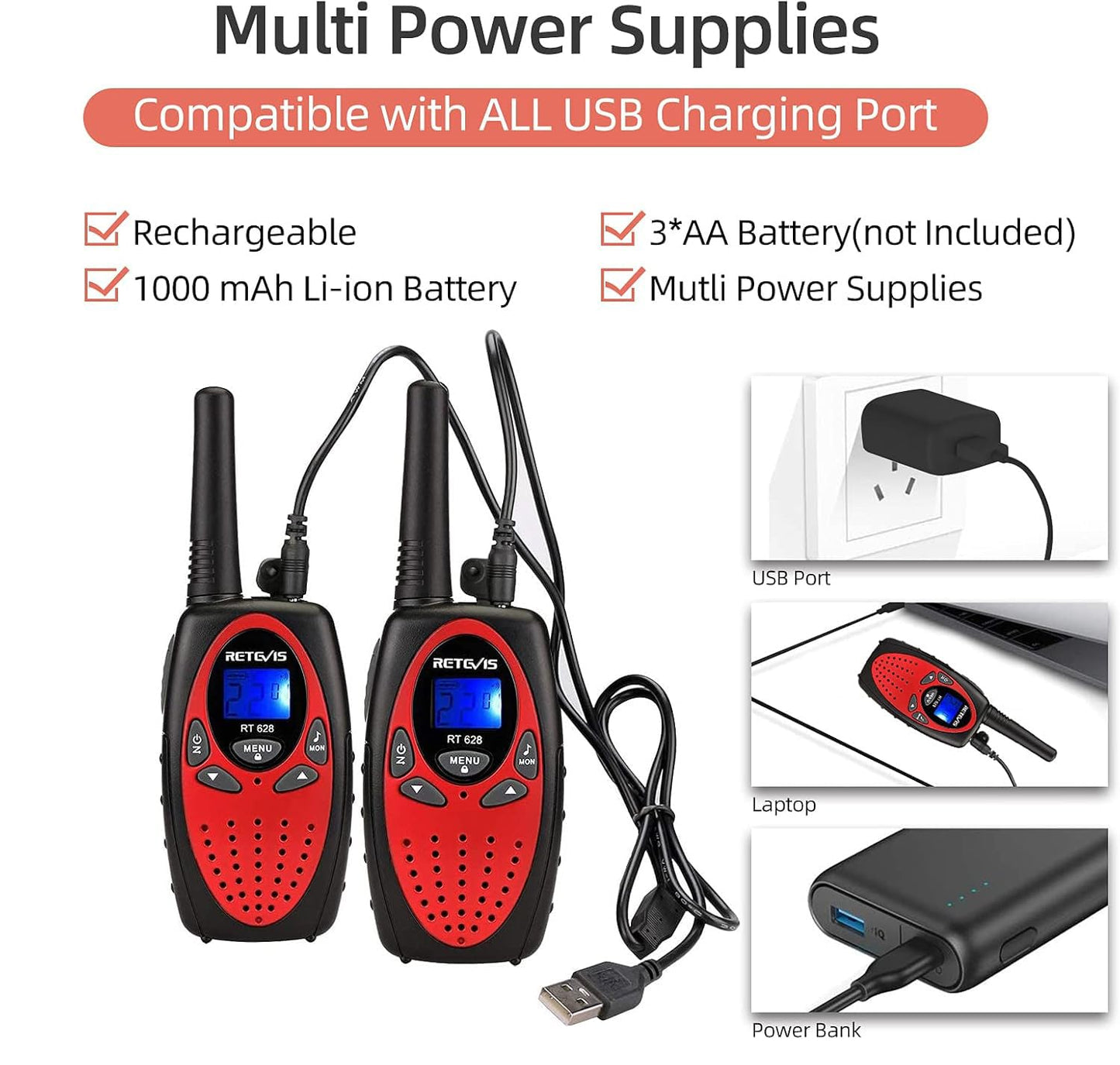 Retevis RT628 Rechargeable Walkie Talkies for Kids, 22 Channels 2 Way Radio with Backlit LCD Screen VOX, Kids Toys for 6-12 Years Old Boys Girls Birthday Gift, Indoor Outdoor Adventure(Red, 2 Pack)
