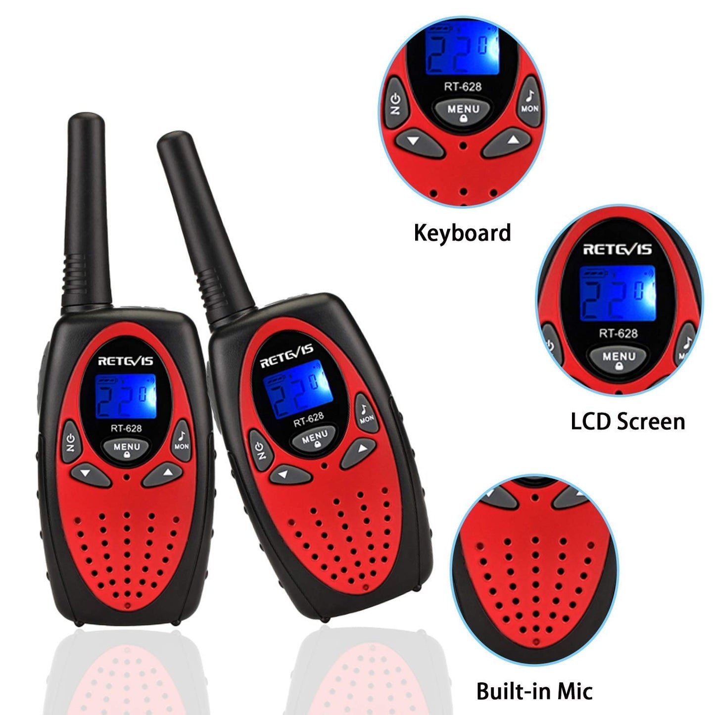 Retevis RT628 Rechargeable Walkie Talkies for Kids, 22 Channels 2 Way Radio with Backlit LCD Screen VOX, Kids Toys for 6-12 Years Old Boys Girls Birthday Gift, Indoor Outdoor Adventure(Red, 2 Pack)