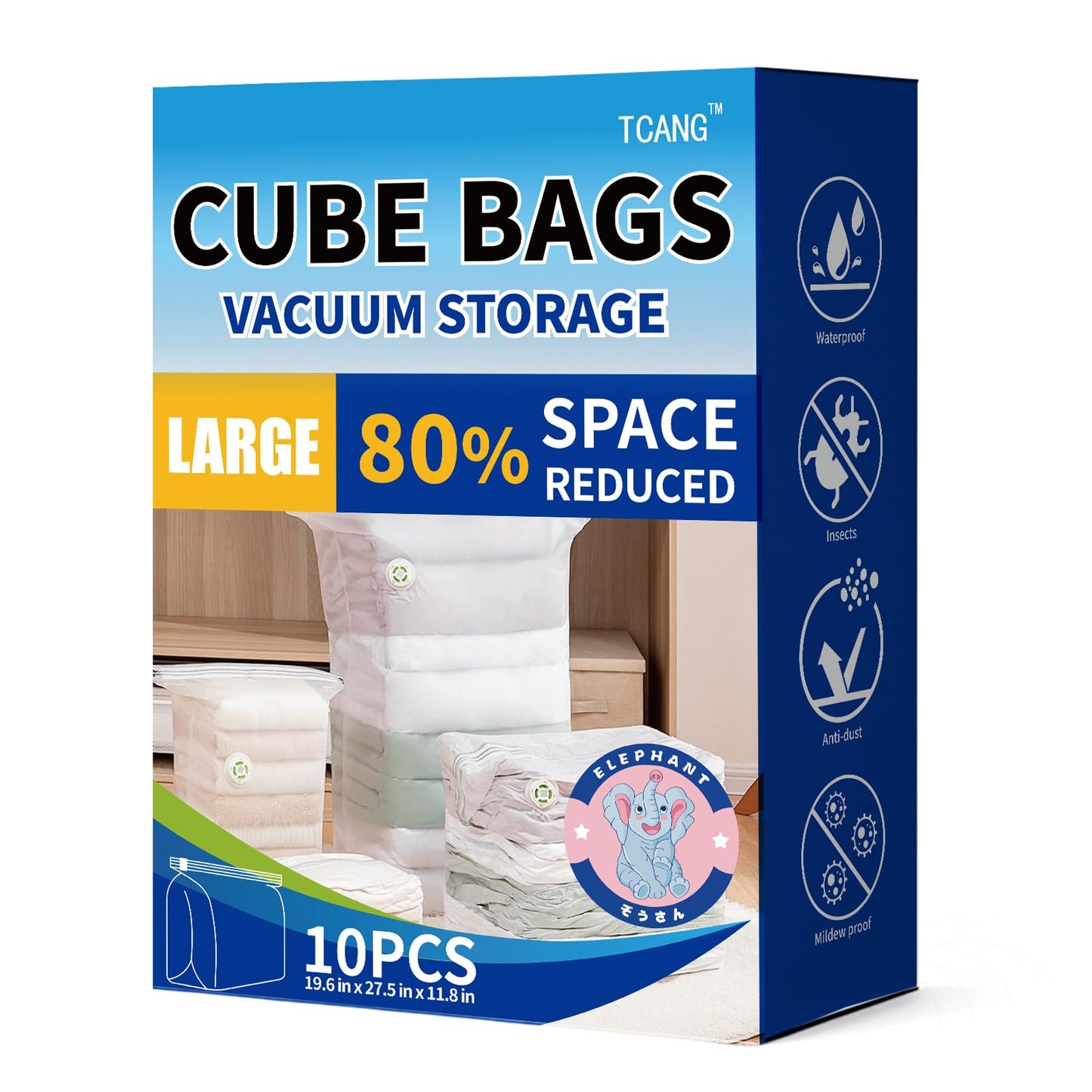 10 Pack Vacuum Storage Bags, Large Cube Bag (19.6 * 27.5 * 11.8 Inch), Large Vacuum Seal Bags for Clothing, Comforters, Blankets, Bedding, Closet Organization Space Saving