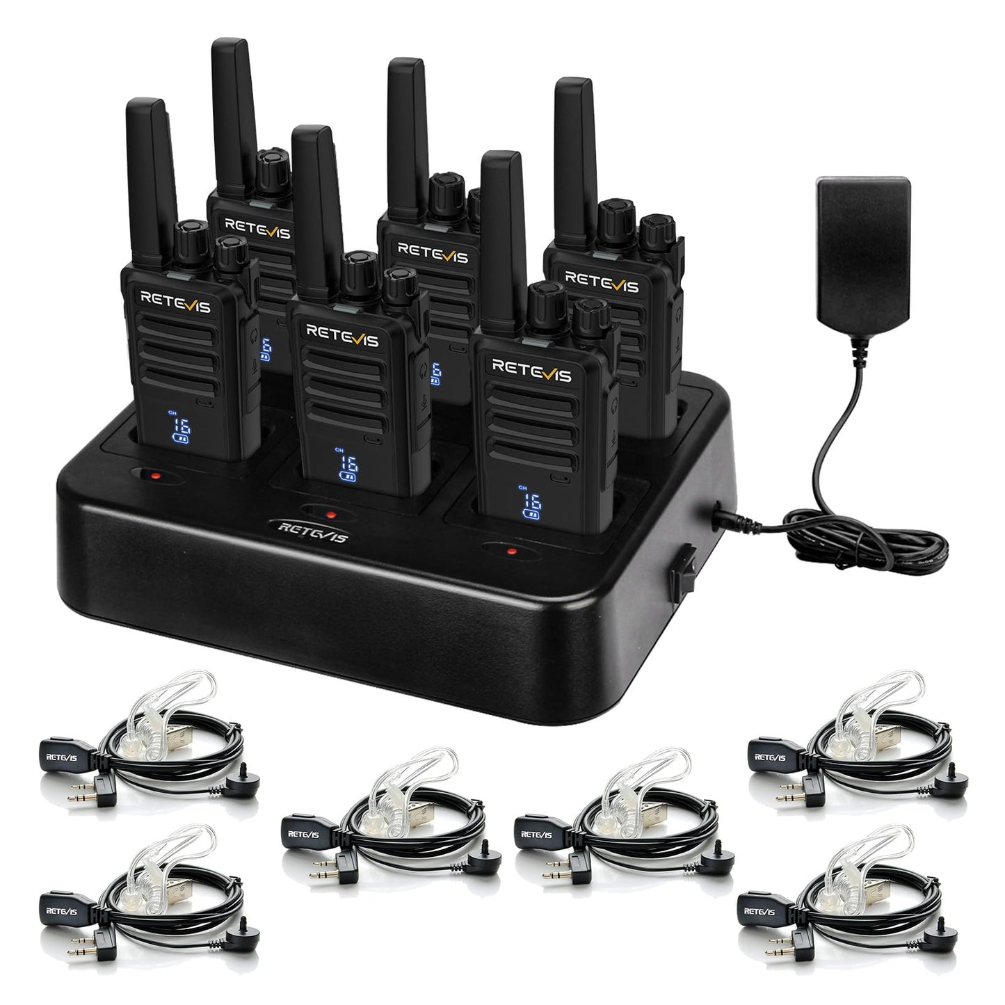 Retevis RT68 Walkie Talkies with Earpiece, Portable FRS Two-Way Radios Rechargeable, with 6 Way Multi Unit Charger, Hands Free, Long Range, Rugged 2 Way Radios 6 Pack for Adults School Church