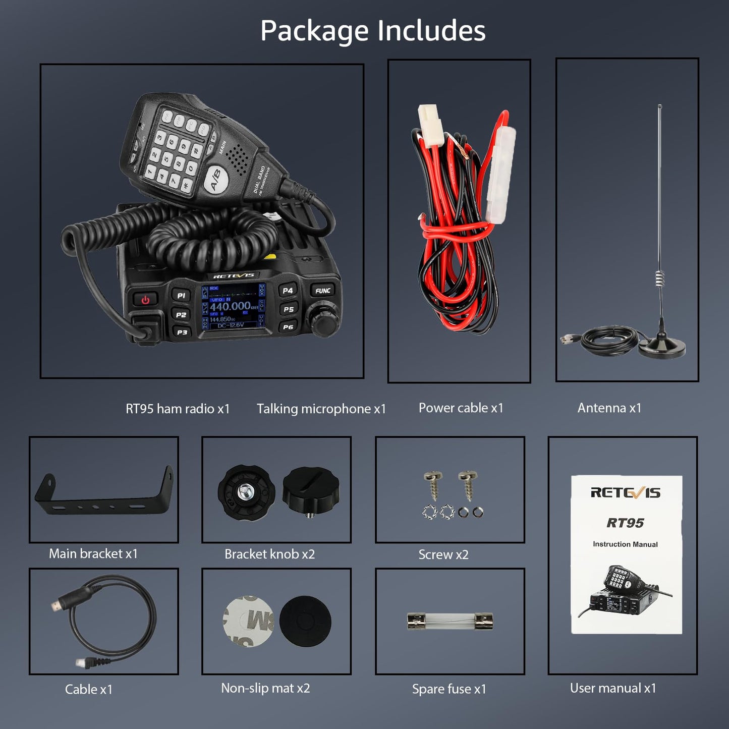 Retevis RT95 Mobile Ham Radio, Dual Band Mobile Radio, Chirp, Dual Speaker, Rotatable LCD Display, 2m 70cm Ham Radio Base Station, Mobile Transceiver with Cable