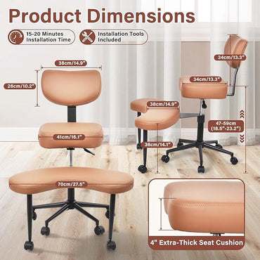 Meditation Chair Cross Legged ADHD Office Chair for Adults with Wheels Ergonomic Back Support and Leg Rest for Multi Position Criss Cross Sitting Kneeling and Yoga Height Adjustable, Leather Style