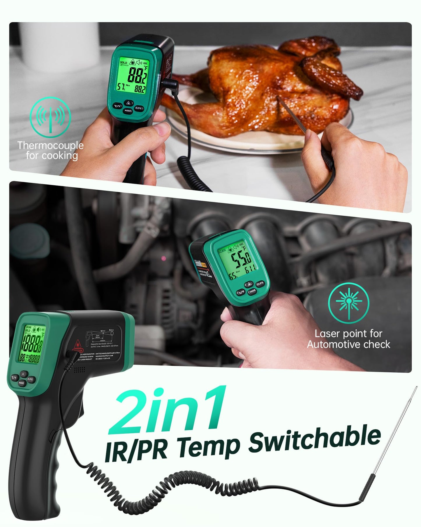 ERICKHILL ROOKMAX Infrared Thermometer Gun, Non-Contact Laser, Adjustable Emissivity, Color LCD, -58°F to 1472°F (-50°C to 800°C), for HVAC, Cooking & BBQ, Automotive, Freezer - Dark Green
