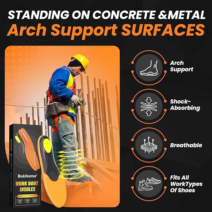 Bukihome Work Boot Insoles for Construction & Standing All Day - Heavy Duty Orthotic Shoe Inserts with Shock Absorption, Arch Support & Fatigue Reduction Durable Support Fits Work Boots -L