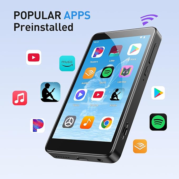 AGPTEK 96GB MP3 Player with Bluetooth and WiFi, T08X 4'' Android 14 MP4 Music Player with Spotify, Audible, APP Store, Up to 1TB, Black
