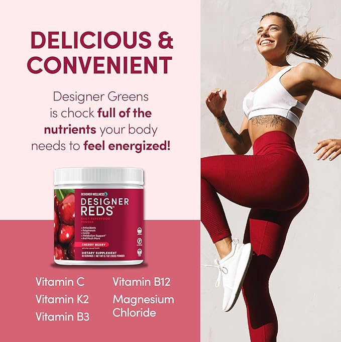 Designer Wellness, Designer Reds, Daily Superfood Powder with Beet Root, Support for Energy, Stress, Immune Health, Heart Health, and Digestive Health, Cherry Berry, 30 Servings