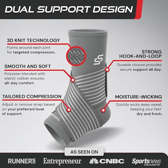 Sleeve Stars Ankle Brace for Women & Men, Ankle Wrap for Sprained Ankle, Compression Sleeve for Plantar Fasciitis Relief, Easy Customizable Support: w/Removable Strap (Single/L:12"-13"/Gray)