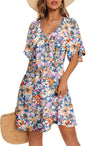 Women's Deep V-Neck Mini Dress with Bow Tie - Elegant Summer Fall Outfit