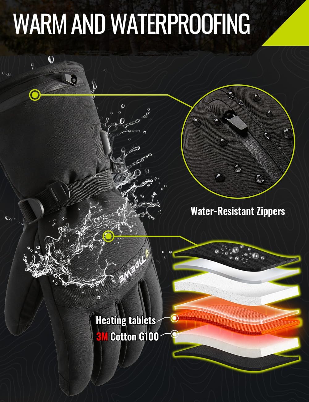 TIDEWE Heated Gloves for Men & Women, Hunting Waterproof Rechargeable Gloves with 2 Battery Packs, 3 Heat Settings, 3M Cotton Insulated for Skiing & Fishing
