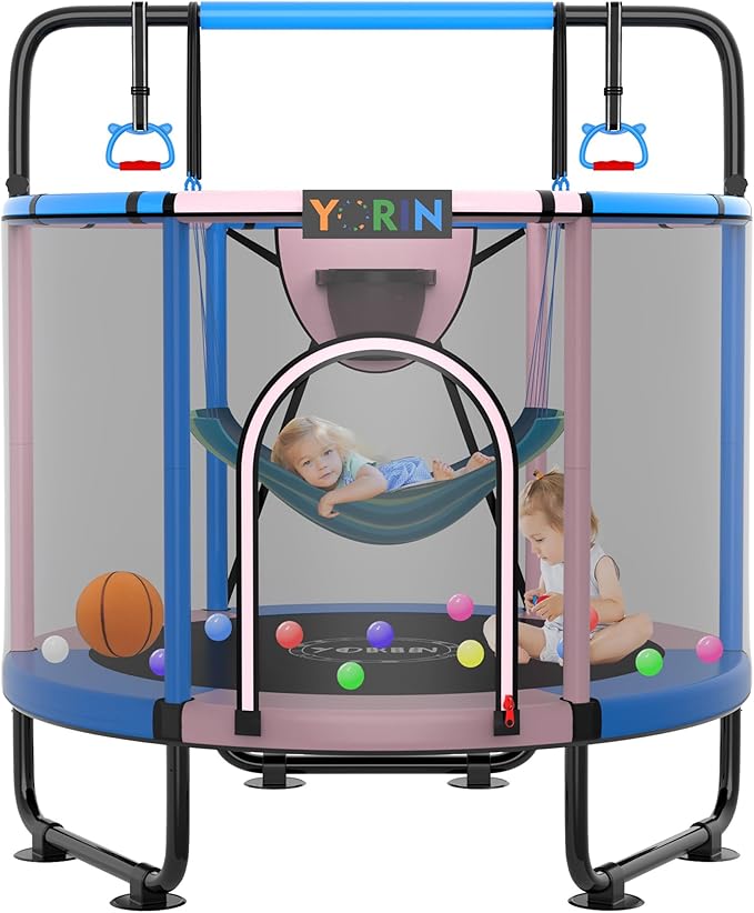 YORIN Trampoline for Kids 66'' 60'' 55'' Toddler Mini Small Trampoline Outdoor Indoor Trampoline W Basketball Hoop, Swing, Adjustable Gymnastics Bar, Gift for Baby, Toddlers & Kids