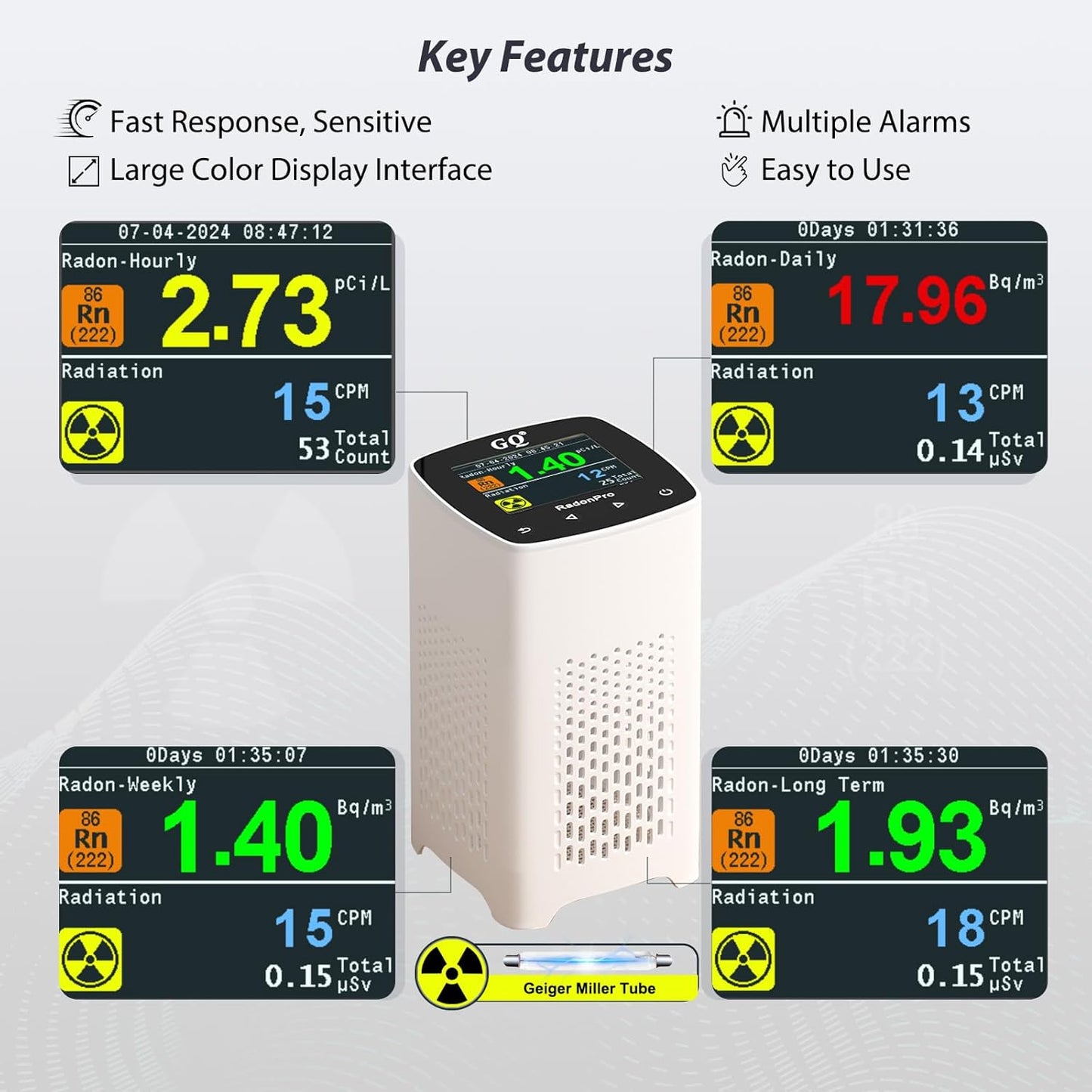 GQ Radon Detector Radon Pro 2-in-1 Radon Monitor Nuclear Radiation Detector Geiger Counter simultaneously Detection Fast Accurate Color Simple Display Made in USA