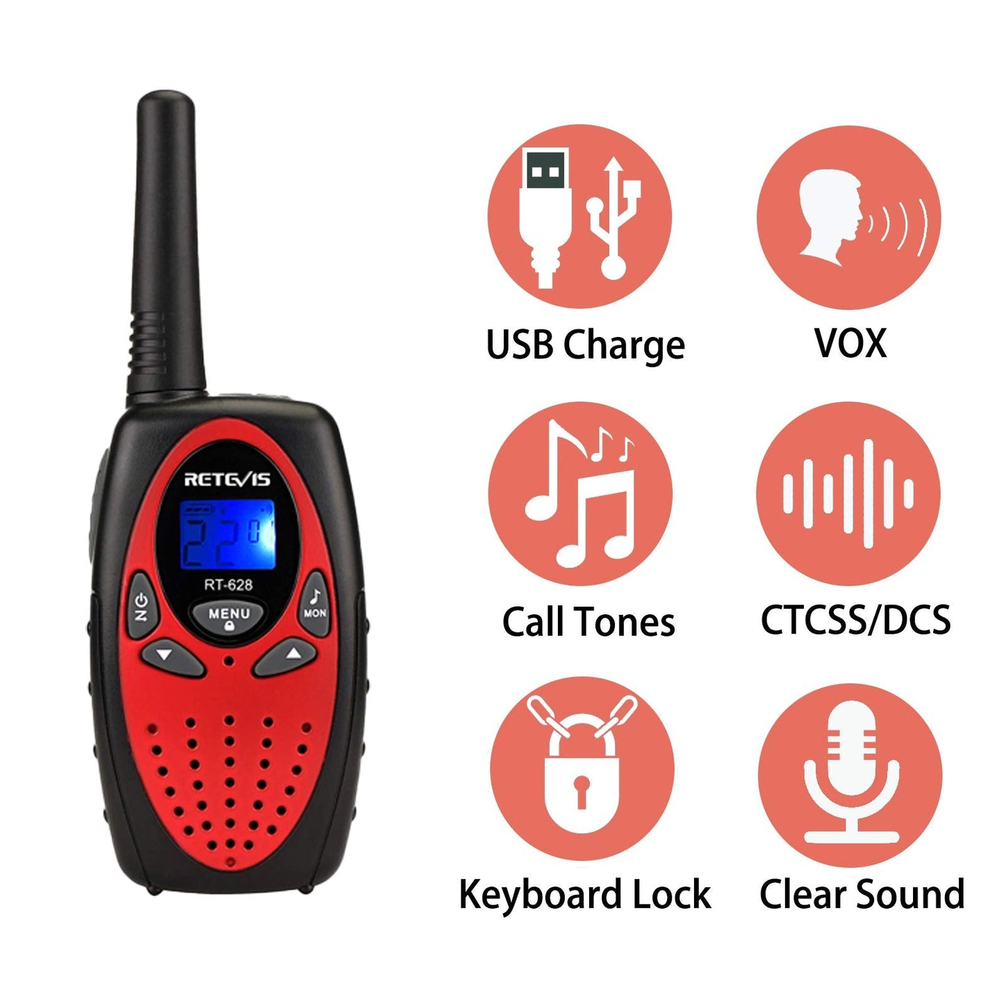Retevis RT628 Rechargeable Walkie Talkies for Kids, 22 Channels 2 Way Radio with Backlit LCD Screen VOX, Kids Toys for 6-12 Years Old Boys Girls Birthday Gift, Indoor Outdoor Adventure(Red, 2 Pack)