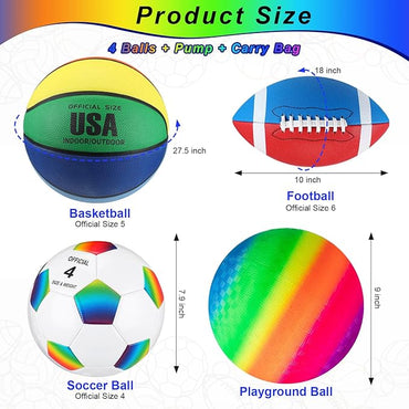 Deekin 4 Pcs Sport Balls Set for Kids Teens, Include Official Size 5 Basketball 4 Soccer 6 Football Playground Ball and Pump Sports Equipment Bag Recess Equipment Sport for Students(Rainbow Color)