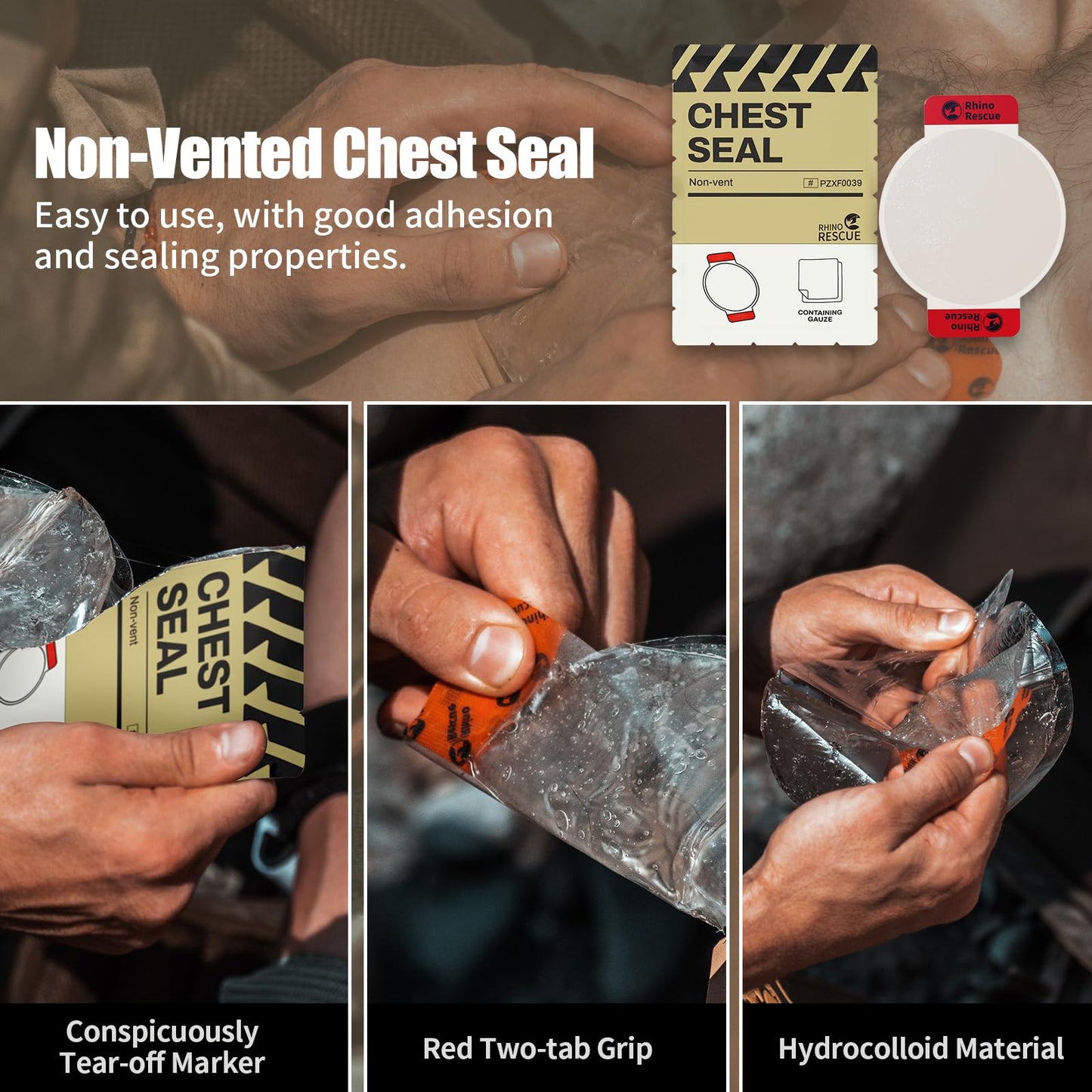 RHINO RESCUE Vented Chest Seal, 4 Vents, Sterile Emergency Trauma Dressing, Occlusive Adhesive Pad, IFAK Trauma Refill Medical First Aid Supplies for Wound Care, Gunshot Wound, Sucking Chest(2 Count)