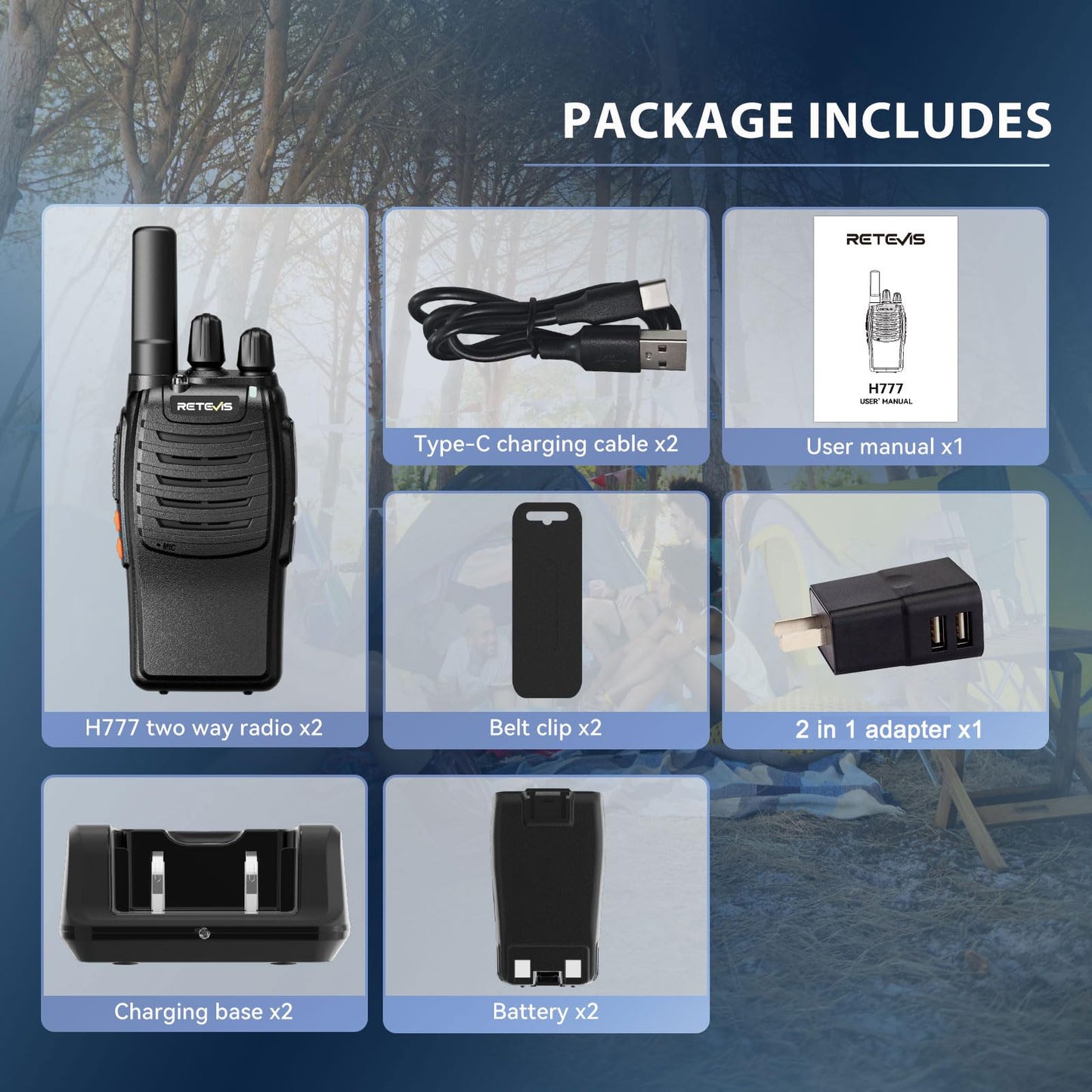 Retevis H-777 Rechargeable Walkie Talkies, Mini 2 Way Radios Long Range, Small Walky Talky, Portable FRS Two Way Radios with LED Flashlight(Black, 2 Pack)