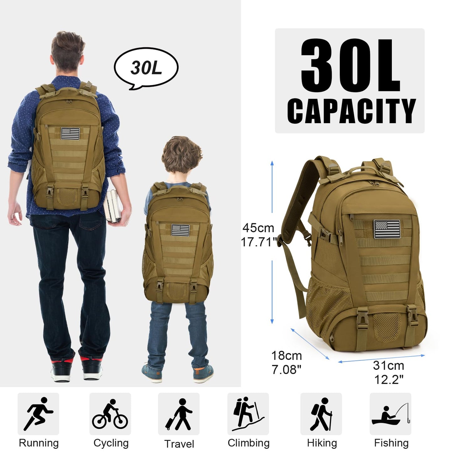 Jueachy Tactical Backpack for Men Hiking Day Pack Molle Military Rucksack Waterproof 30L EDC Bag with USA Flag Patch