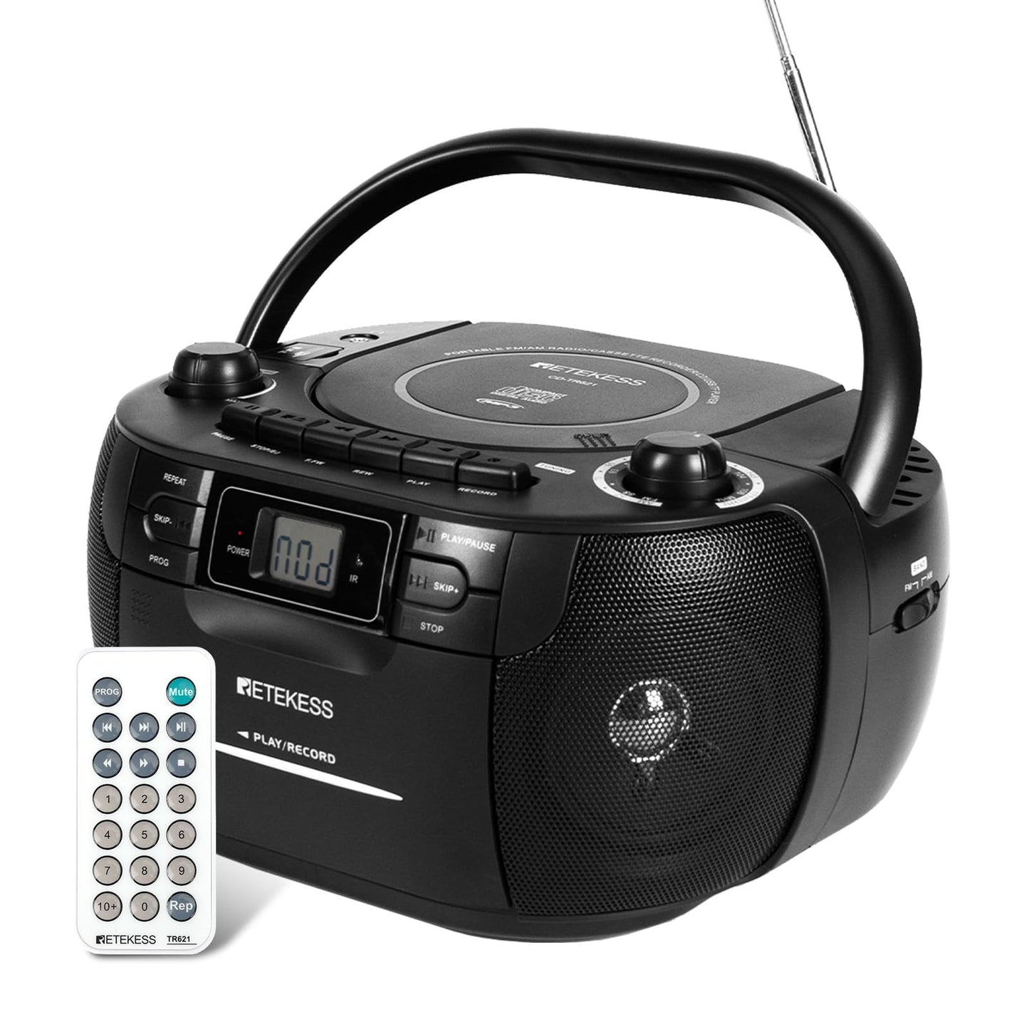 Retekess TR621 CD and Cassette Player Combo, Boombox CD Player for Home, AM/FM, Tape Recording, TF/USB Drive, AC or D Battery Powered, Headphone Jack, Stereo Sound (White)