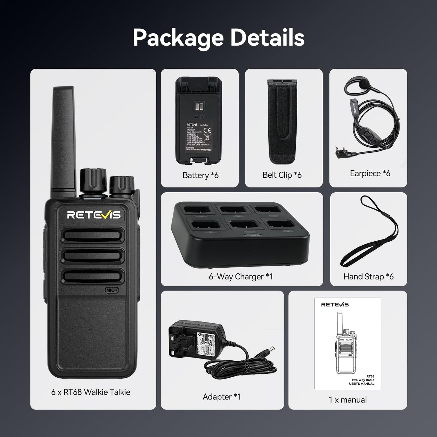 Retevis RT68 Walkie Talkies with Earpiece, Portable FRS Two-Way Radios Rechargeable, with 6 Way Multi Unit Charger, Hands Free, Long Range, Rugged 2 Way Radios 6 Pack for Adults School Church