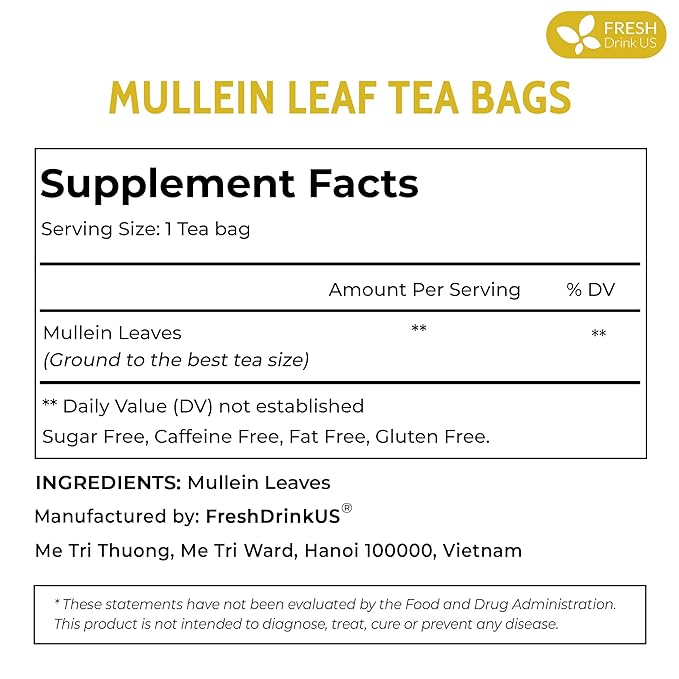 FreshDrinkUS, Premium 10 Mullein Leaf Tea Bags For Lungs, 100% Natural & Pure from Mullein Leaves. Loose Leaf Mullein Herbal Tea. Made with Natural Material Tea Bags. No Sugar, No Caffeine, No Gluten, Vegan.