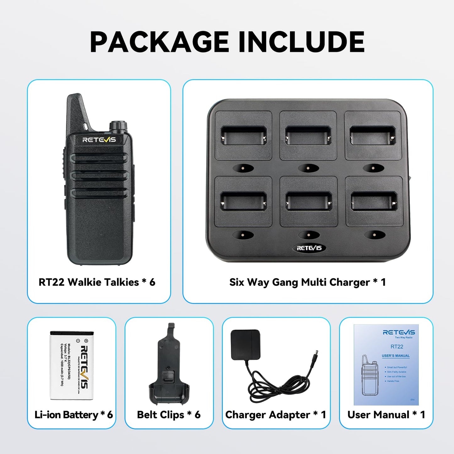 Retevis RT22 Walkie Talkies Rechargeable Hands Free 2 Way Radios Two-Way Radio(6 Pack) with 6 Way Multi Gang Charger