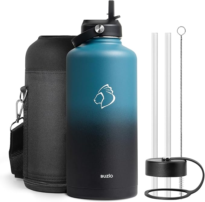 Half Gallon Stainless Steel Water Bottle with Straw Lid and Flex Cap, 87oz Modern Double Vacuum Stainless Steel Water Flask, Cold for 48 Hrs Hot for 24 Hrs Simple Thermo Canteen Mug,Indigo Crush