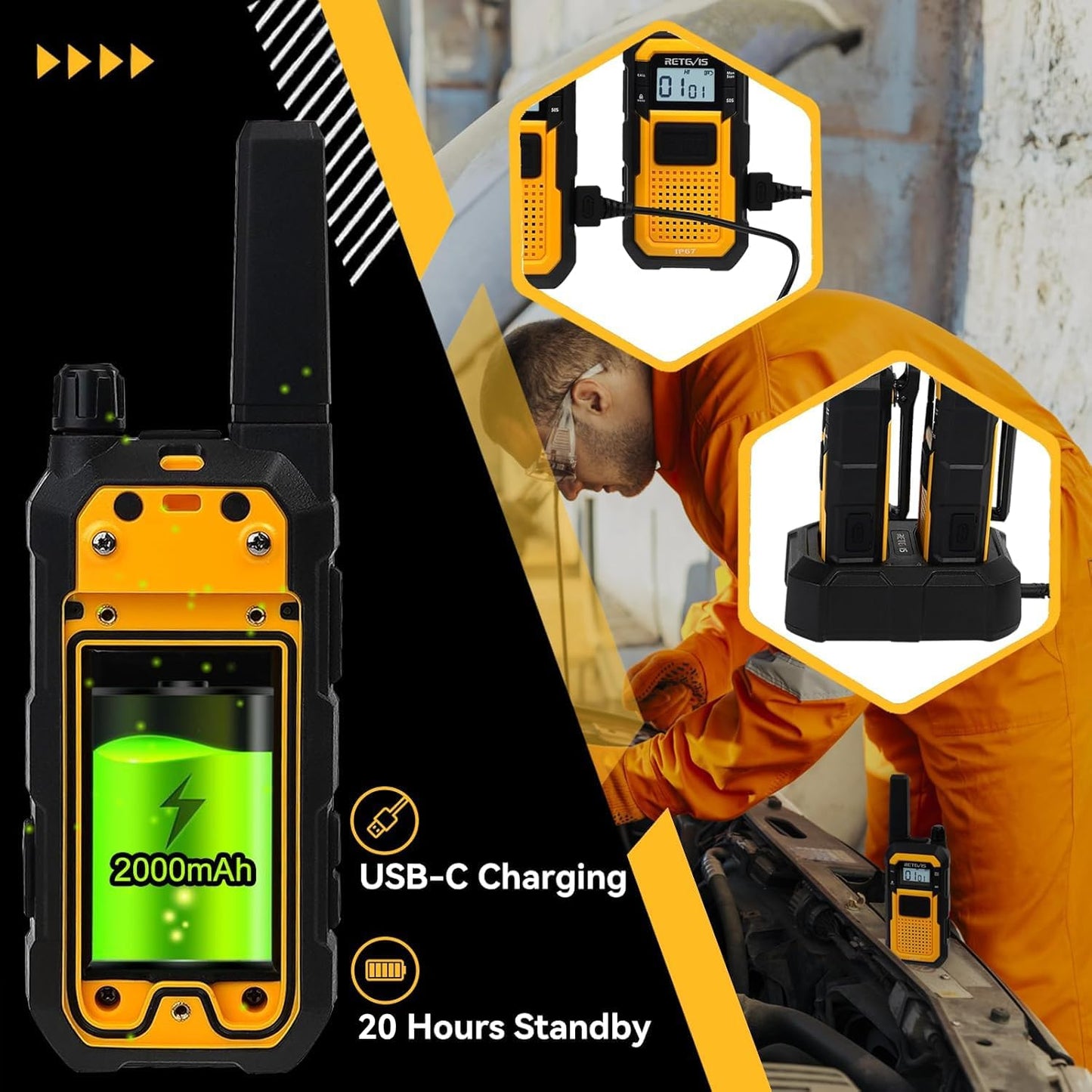 Retevis RB48 Heavy Duty Waterproof Walkie Talkies, Long Range Rechargeable Two Way Radios, Advanced Triple Proof, Vibration Reminder, for Warehousing Construction Contractor(10 Pack)
