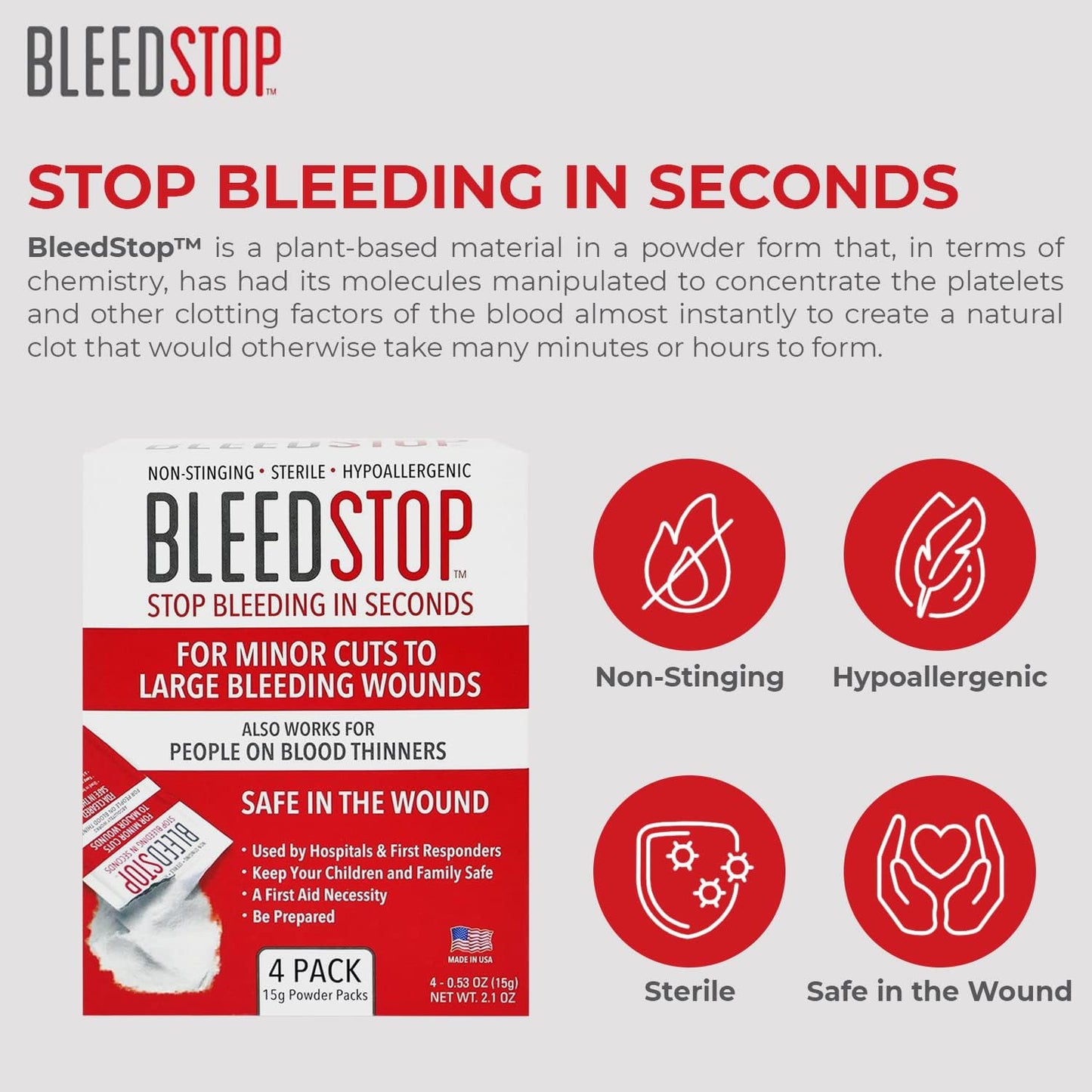 BleedStop™ First Aid Powder for Blood Clotting (4x15g, Pouches) and BleedClot Pet First Aid Powder (4x0.5oz, Pouches)