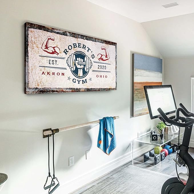 Tailored Canvases Personalized Gym Sign Wall Art Decor - Motivational Canvas for Home Gym, Workout Room, Garage, Fitness Center - Workout Inspirational Posters - One Hand with Dumbbell on Rustic, 20x10in
