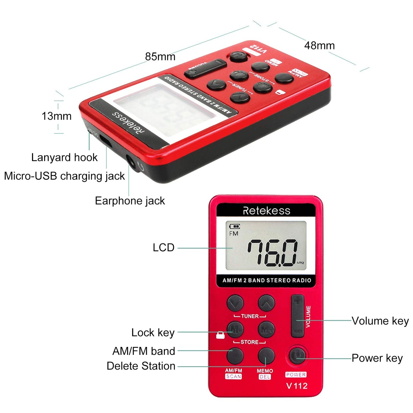 Retekess V112 AM FM Portable Pocket Radio, FM Receiver, Digital Tuning Stereo, with Headphones, Rechargeable Battery, for Walking, Jogging, Training, Church (Red)