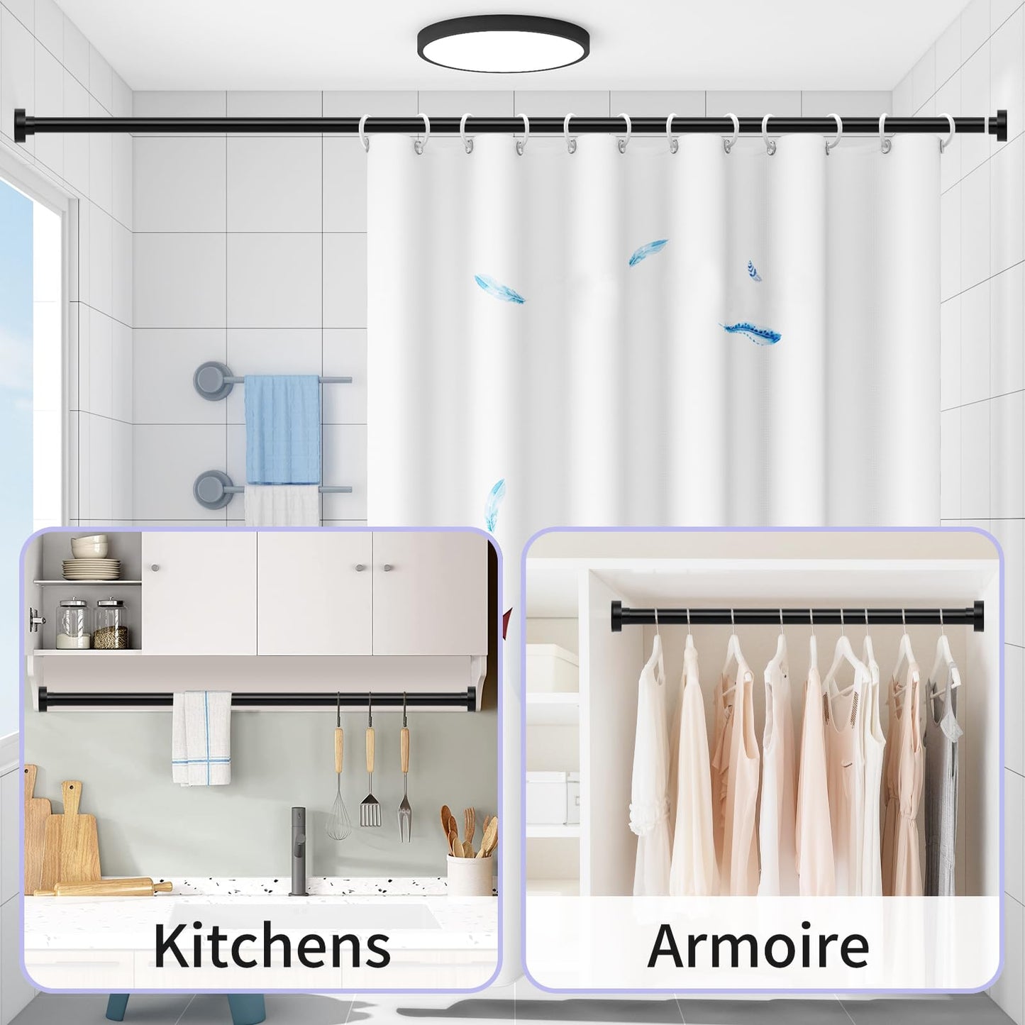 HTZON Adjustable Tension Shower Curtain Rod 34-43in Black Heavy Duty Iron