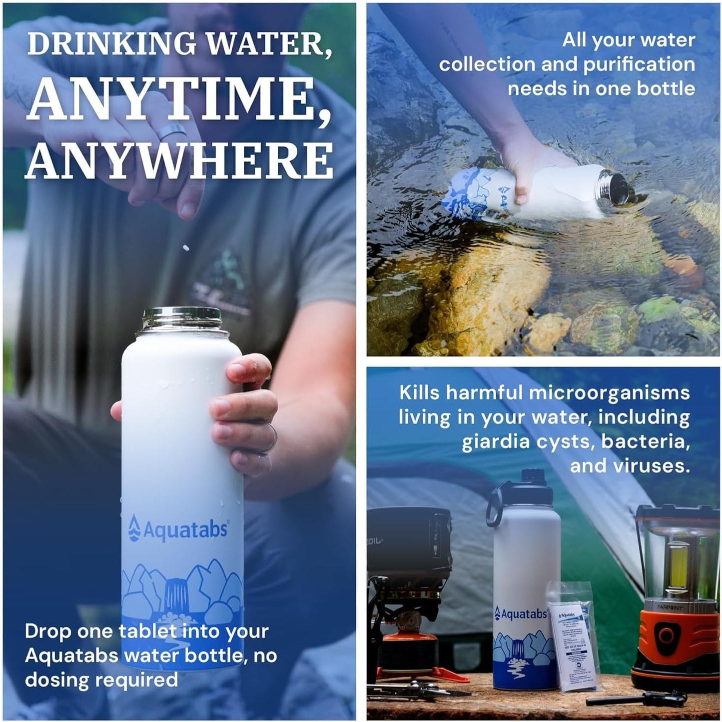 Aquatabs Insulated Stainless Steel Water Purifier Water Bottle with 30 Water Purification Tablets, BPA Free Water Purification Bottle Alternative to Filtered Water Bottle.