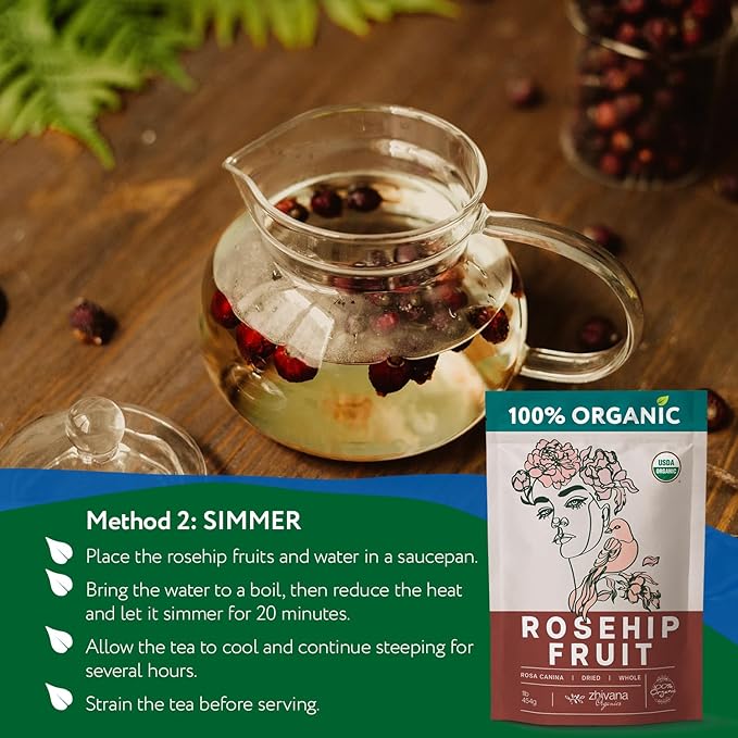 Rosehip Tea Organic (8oz.) – Dried Rose Hip Fruit Whole – Source of Vitamin C from Food
