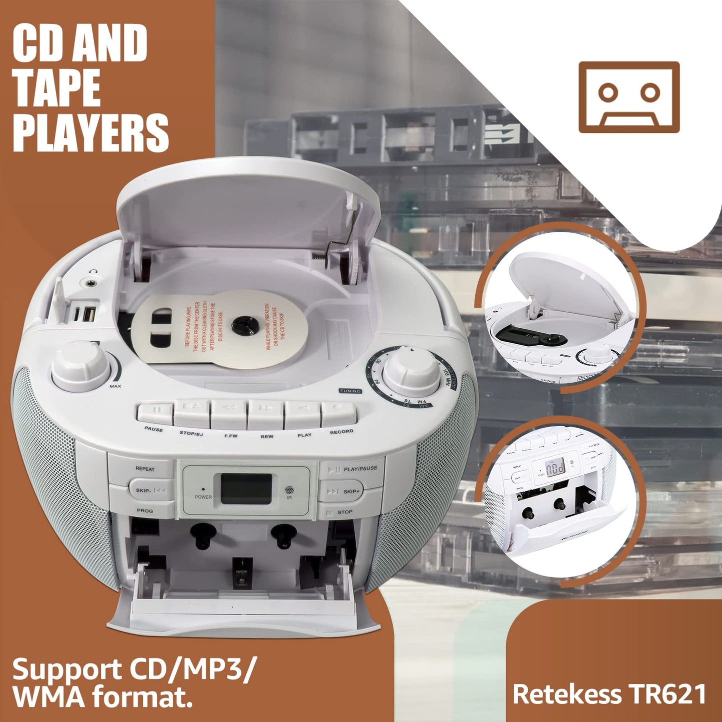 Retekess TR621 CD and Cassette Player Combo, Boombox CD Player for Home, AM/FM, Tape Recording, TF/USB Drive, AC or D Battery Powered, Headphone Jack, Stereo Sound (White)