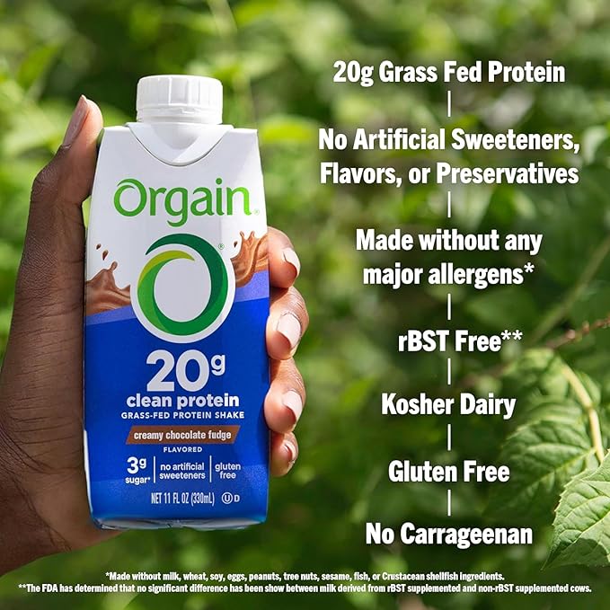 Orgain Clean Protein Shake, Grass Fed Dairy, Creamy Chocolate Fudge - 20g Whey High Protein, Kosher, Ready to Drink, Low Net Carbs, Gluten Free, No Soy Ingredients, 11 Fl Oz (Pack of 12)