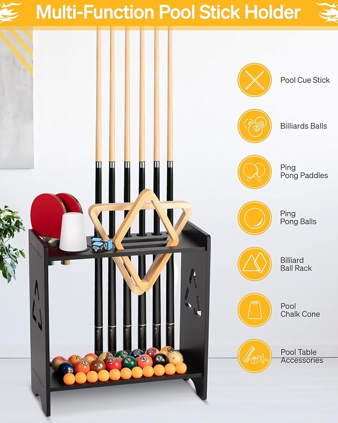 Pool Stick Holder Floor Stand- Billiards Pool Cue Rack Oak Solid Wooden Holds 9 Cues and Pool Table Accessories Organizer with Chalk Cone Holder for Game Room Club or Men Cave
