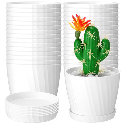Layhit 30 Pcs 4.5 Inch White Plastic Plant Pots with Drainage Holes & Saucers