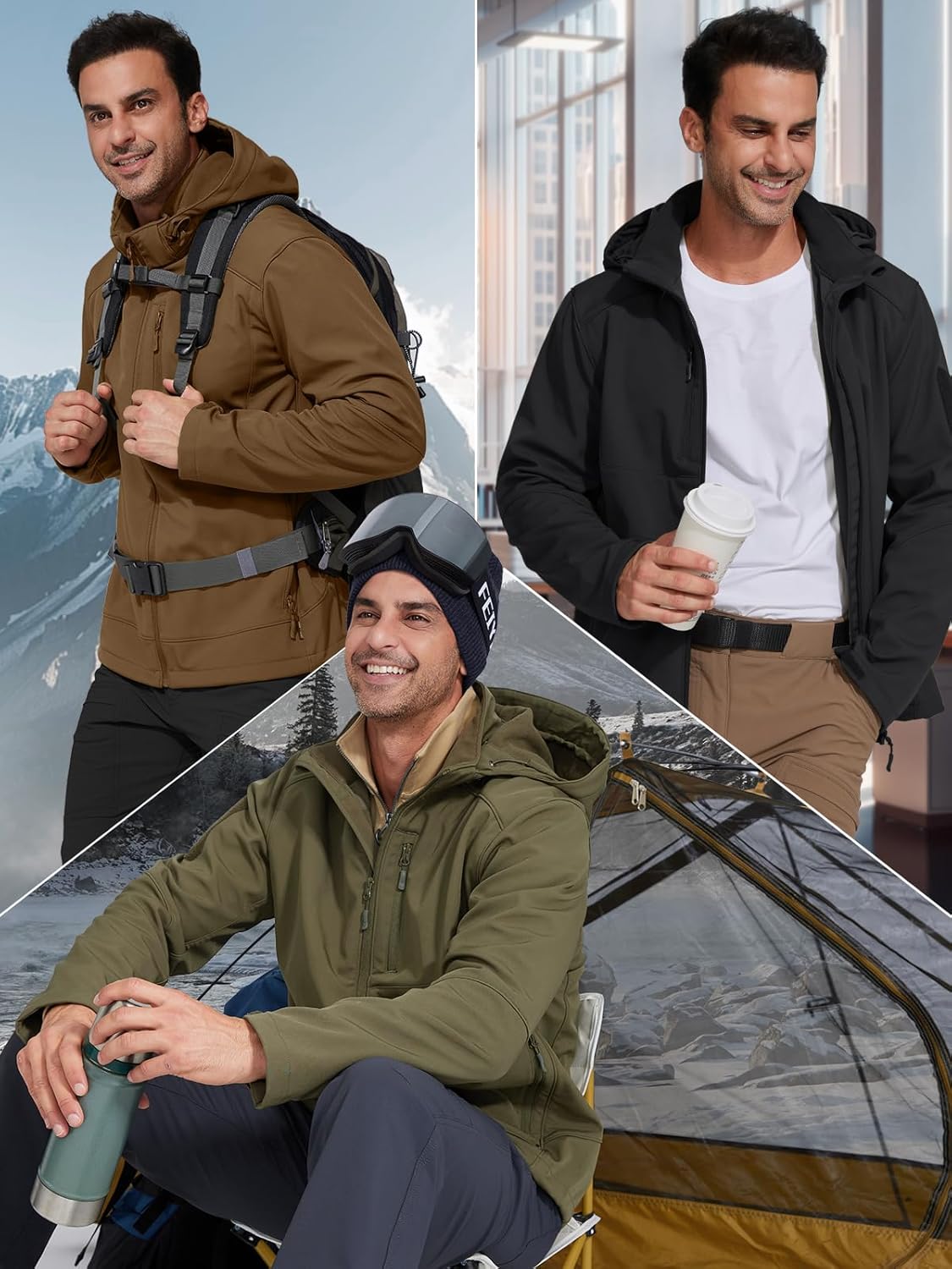 FREE SOLDIER Men's Lightweight Softshell Jacket Winter Fleece Lined Hooded Rain Waterproof Hiking Outdoor Jackets (Brown,L)