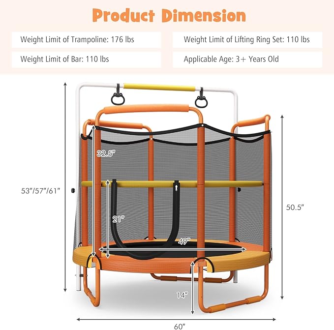 GYMAX 5FT Trampoline for Kids, ASTM Approved with Safety Net & Kitten Trapeze Rings, Indoor/Outdoor