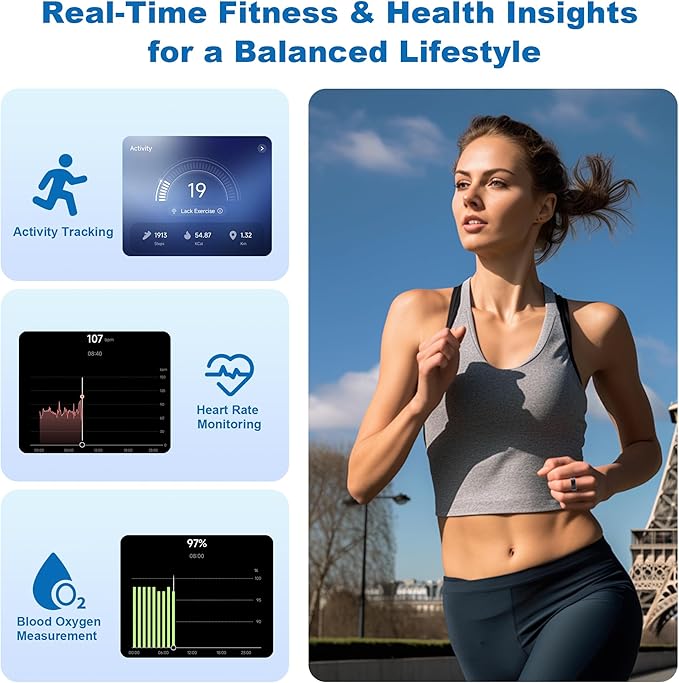 Smart Ring for Women Men - Titanium Health Fitness Tracker Ring with Heart Rate, Step Counting, Calories, Sleep & Stress Monitor for iPhone and Android, No Subscription Fee (Black, 8)